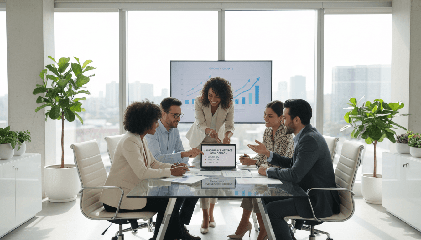 Team reviewing commission data and analytics on modern dashboard